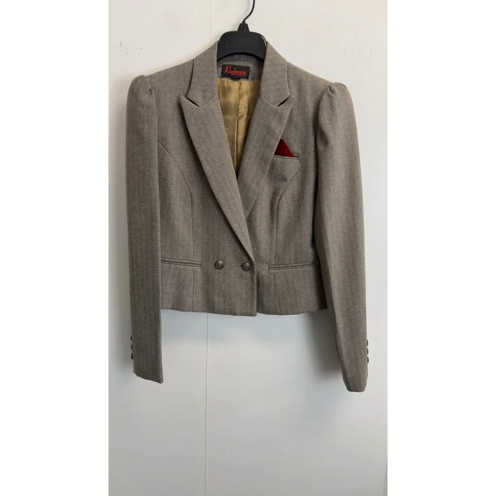 Vintage Rojean Brown Herringbone Skirt Suit Size S Crop Blazer A-Line Skirt USA